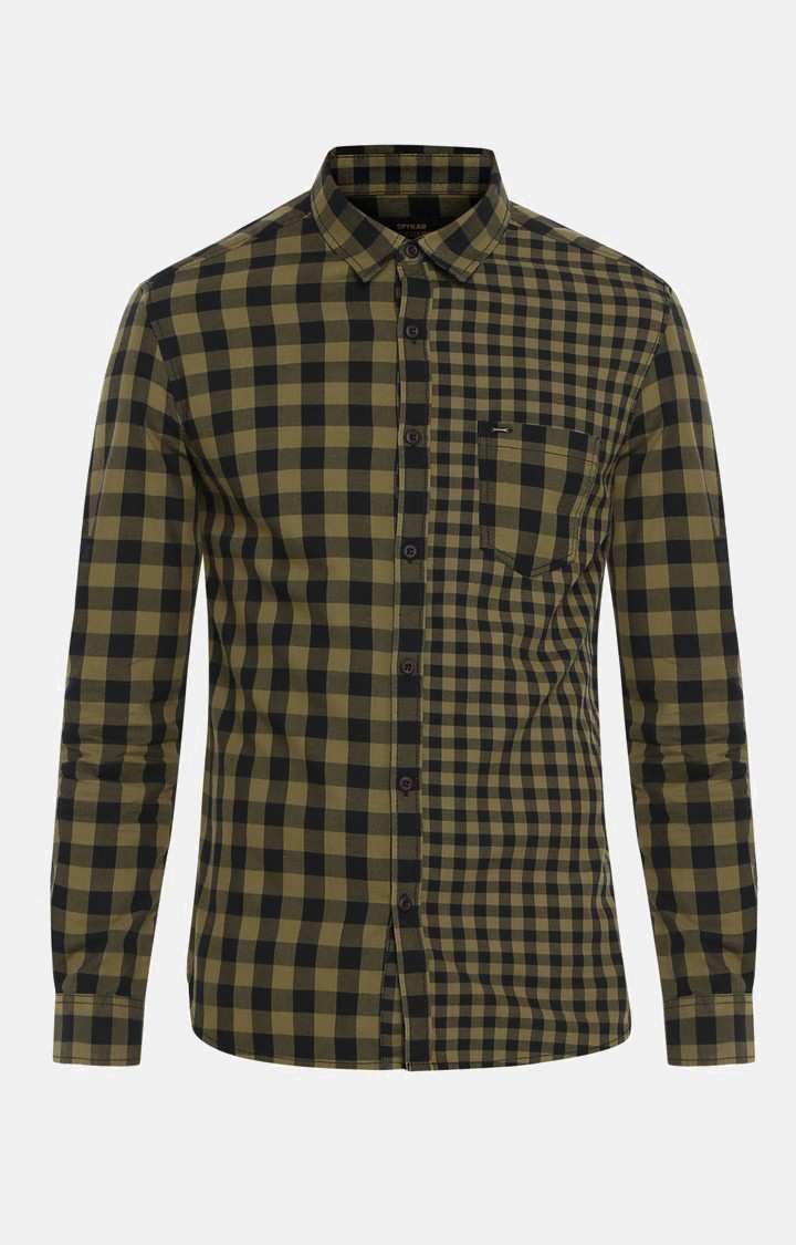 Men's Green Cotton Checked Casual Shirts