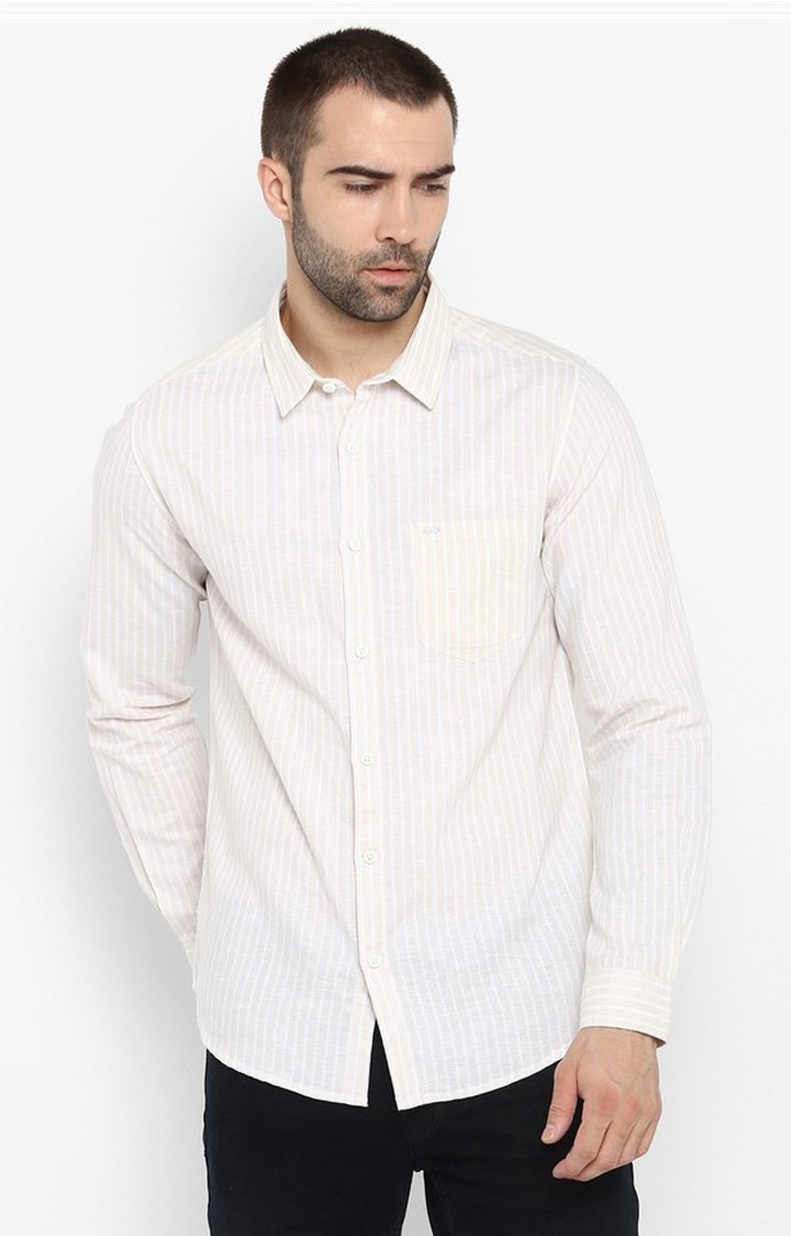spykar | Men's Beige Cotton Blend Striped Casual Shirts 0