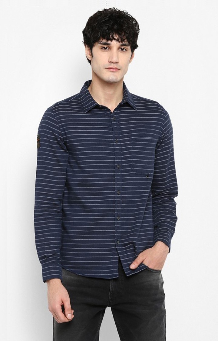 Men's Blue Cotton Striped Casual Shirts