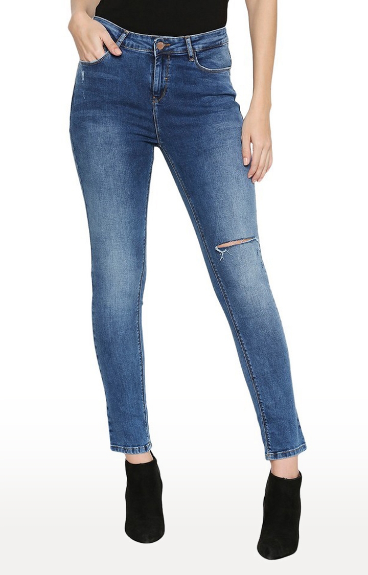 spykar | Women's Blue Cotton Ripped Skinny Jeans 0