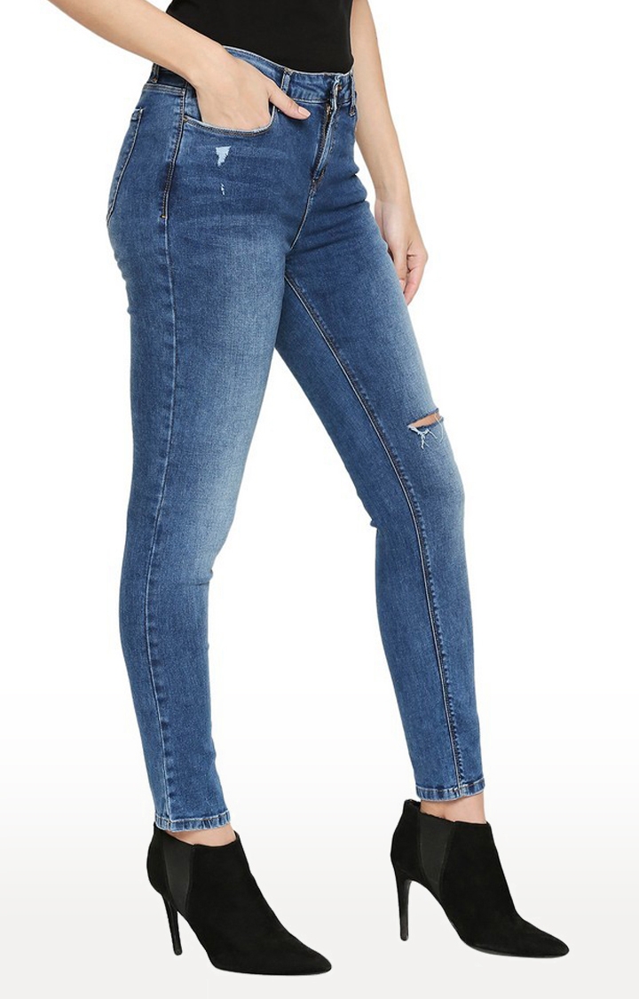 spykar | Women's Blue Cotton Ripped Skinny Jeans 3