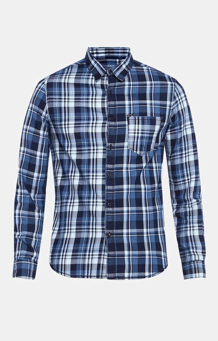 spykar | Men's Blue Cotton Checked Casual Shirts 4