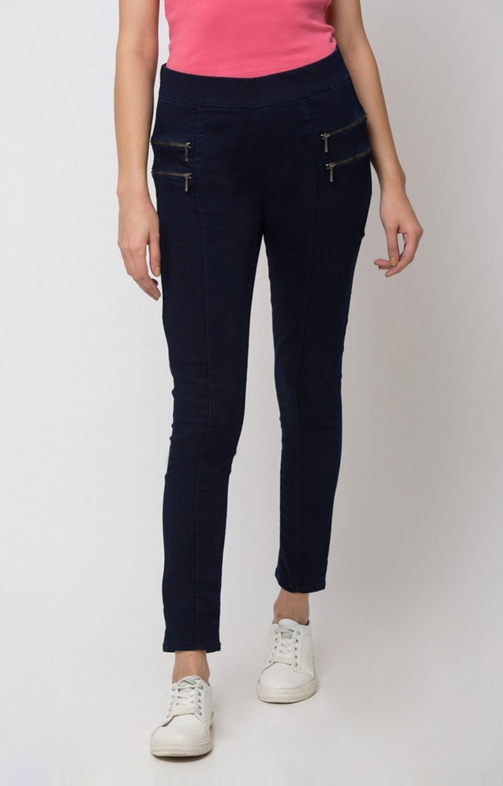 Women's Blue Cotton Solid Jeggings