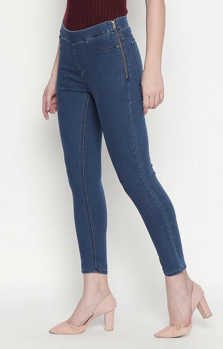 Women's Blue Cotton Solid Jeggings