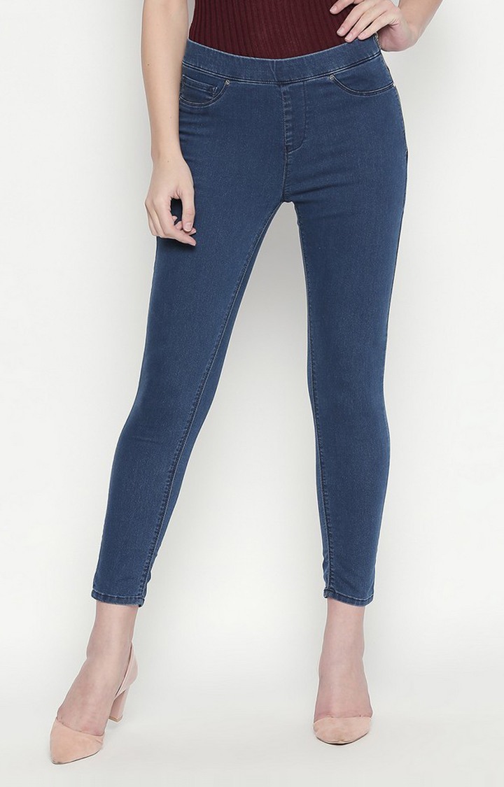 Women's Blue Cotton Solid Jeggings