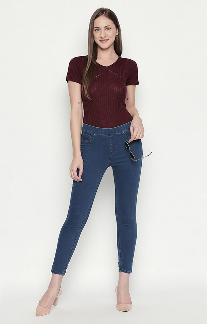 Women's Blue Cotton Solid Jeggings
