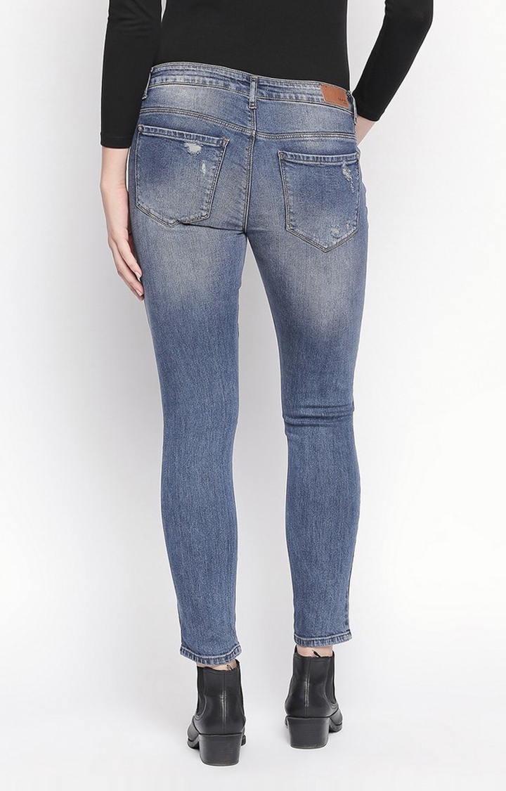 spykar | Women's Blue Cotton Ripped Slim Jeans 4