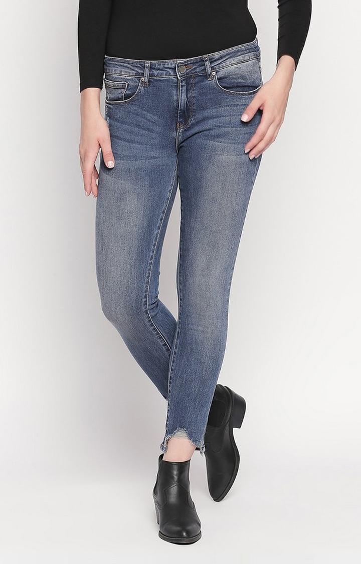 spykar | Women's Blue Cotton Ripped Slim Jeans 0