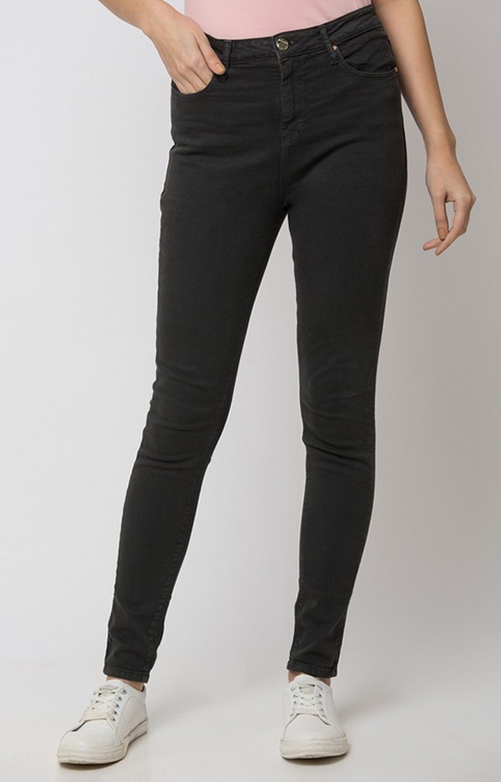 Women's Black Cotton Solid Skinny Jeans