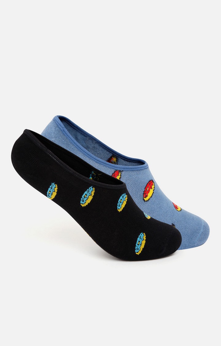 Spykar Black & Blue Cotton Ped Socks (Pair Of 2)