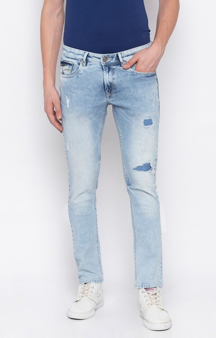 Men's Blue Cotton Ripped Ripped Jeans