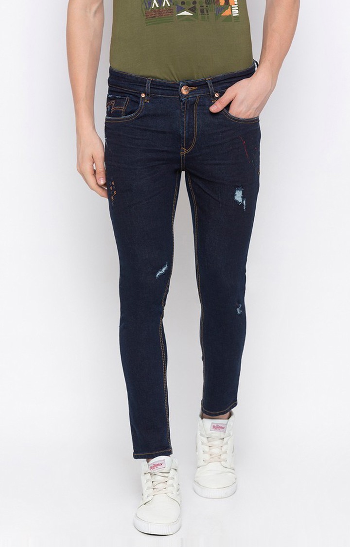 Men's Blue Cotton Ripped Slim Jeans