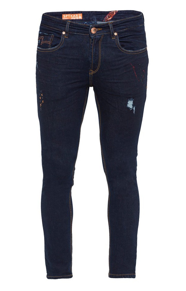 Men's Blue Cotton Ripped Slim Jeans
