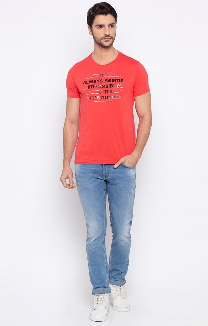 spykar | Spykar Deep Coral Printed Slim Fit T-Shirt 1