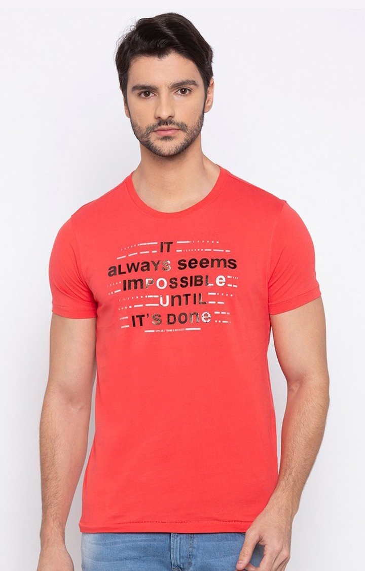spykar | Spykar Deep Coral Printed Slim Fit T-Shirt 0