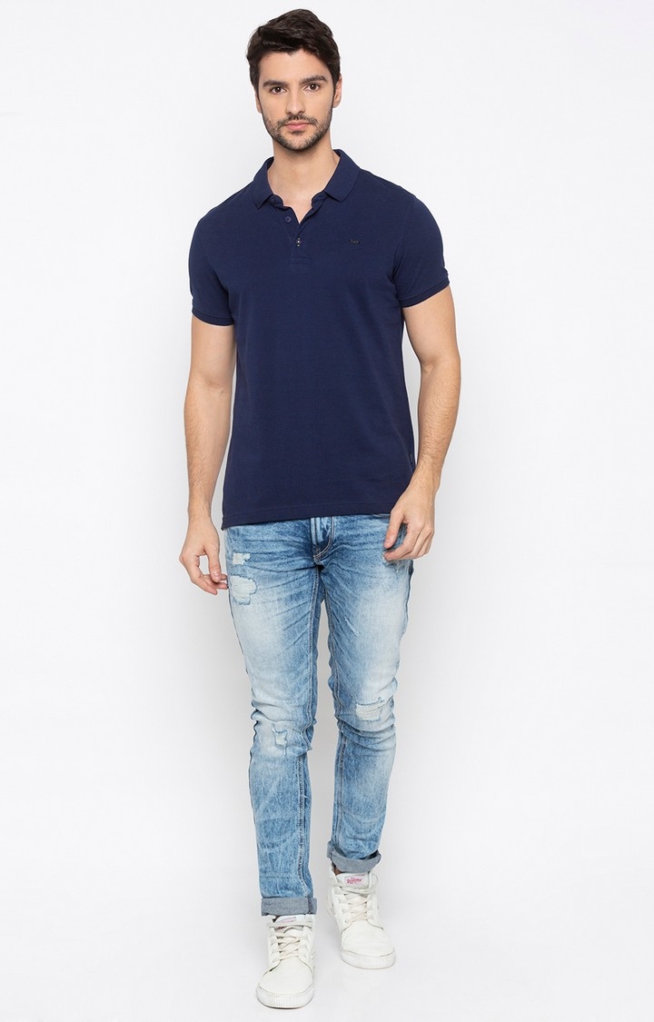 spykar | spykar Ink Blue Solid Slim Fit Polo T-Shirt 1