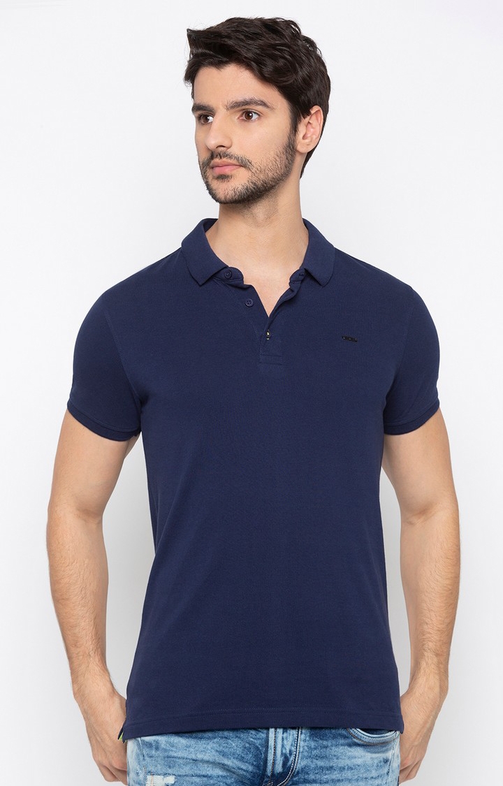 spykar | spykar Ink Blue Solid Slim Fit Polo T-Shirt 0
