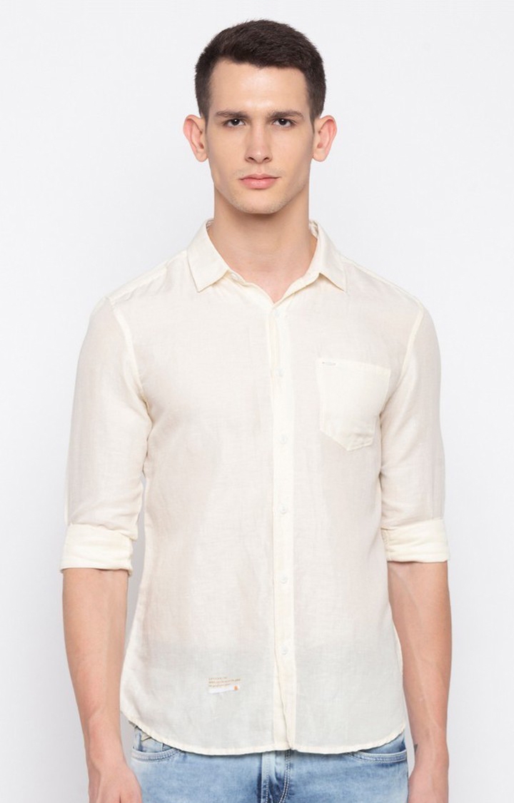 spykar | Men's Beige Cotton Solid Casual Shirts 0