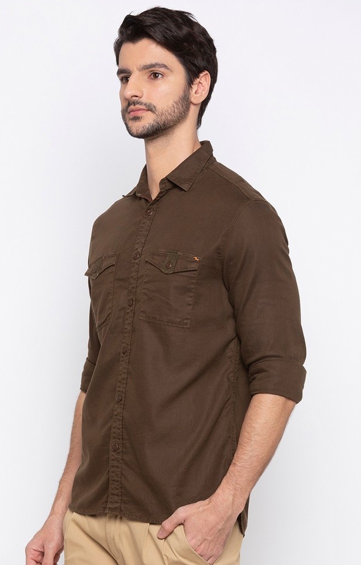 spykar | Men's Brown Cotton Solid Casual Shirts 2