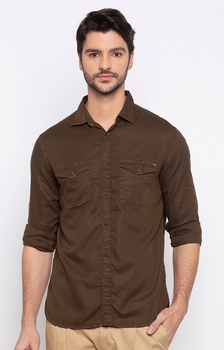 spykar | Men's Brown Cotton Solid Casual Shirts 0
