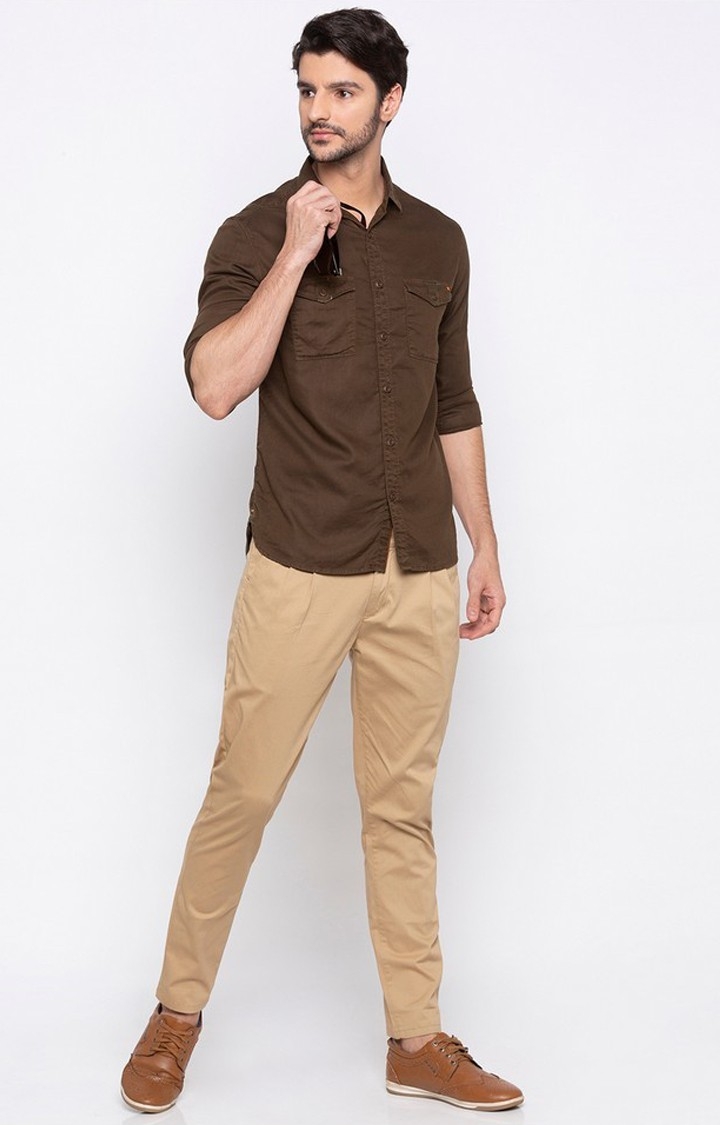 spykar | Men's Brown Cotton Solid Casual Shirts 1