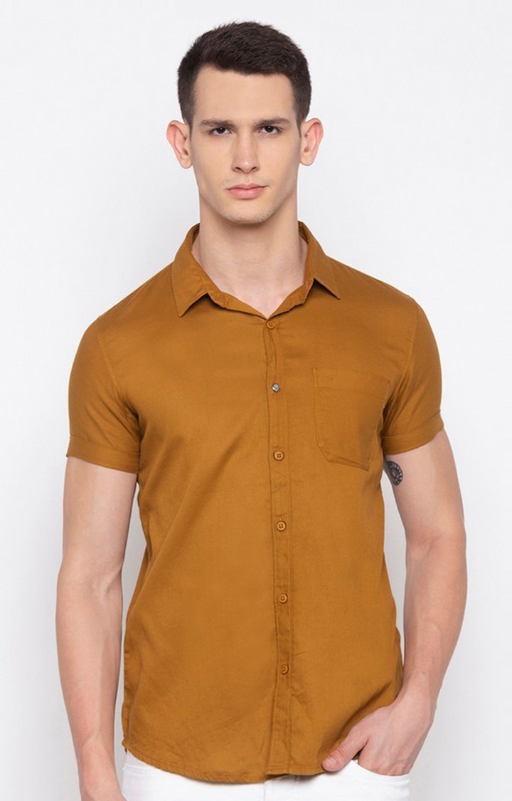 Men's Yellow Cotton Solid Casual Shirts