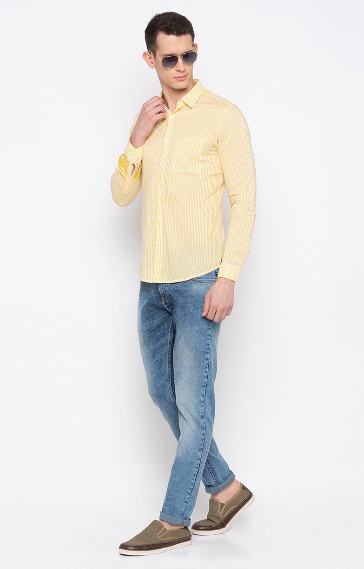 Men's Yellow Cotton Striped Casual Shirts