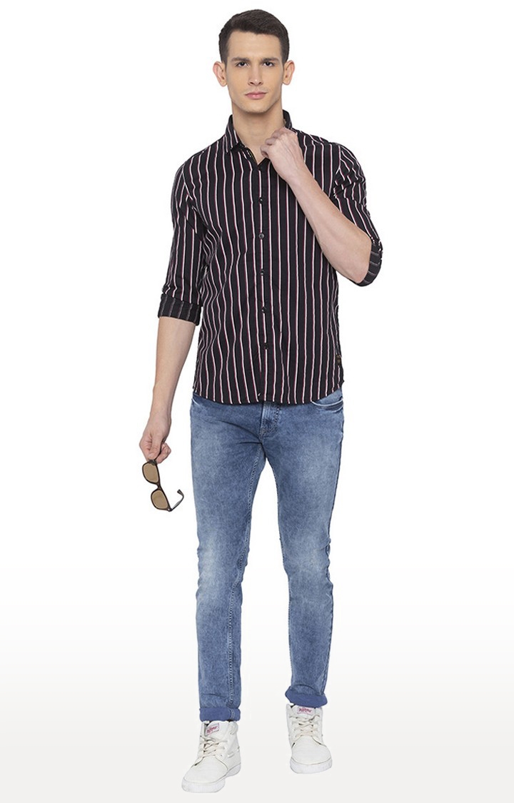 spykar | Men's Black Cotton Striped Casual Shirts 1