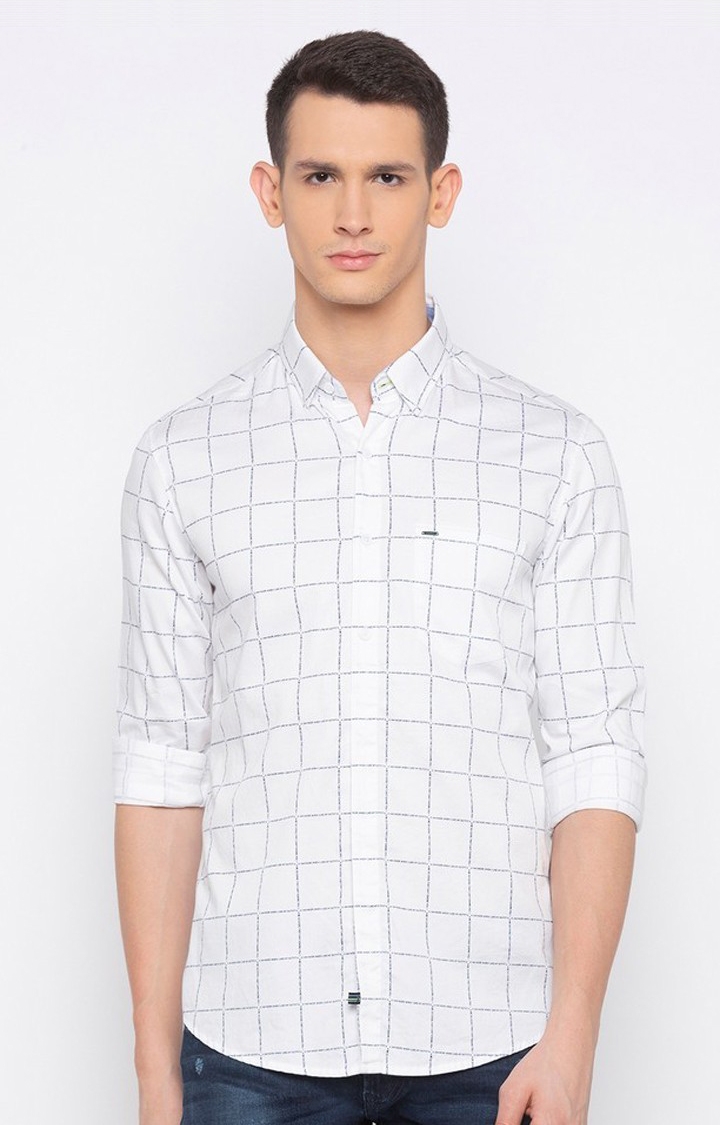 spykar | Men's White Satin Checked Casual Shirts 0