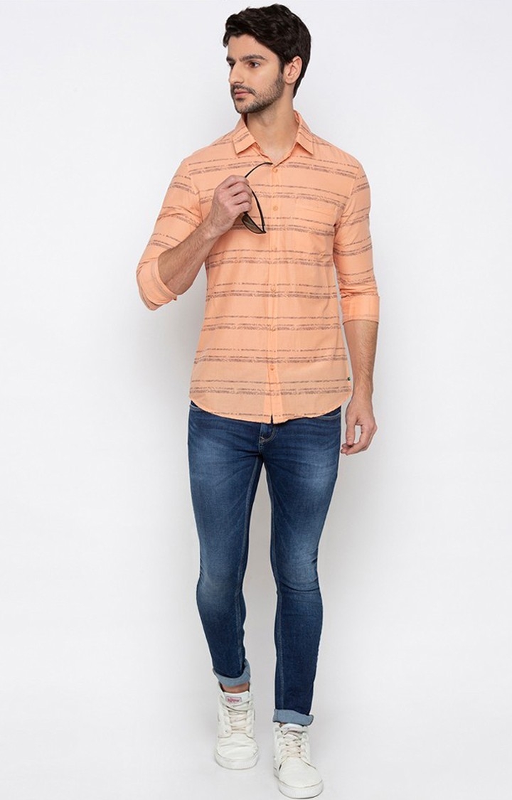 spykar | Men's Orange Cotton Striped Casual Shirts 1