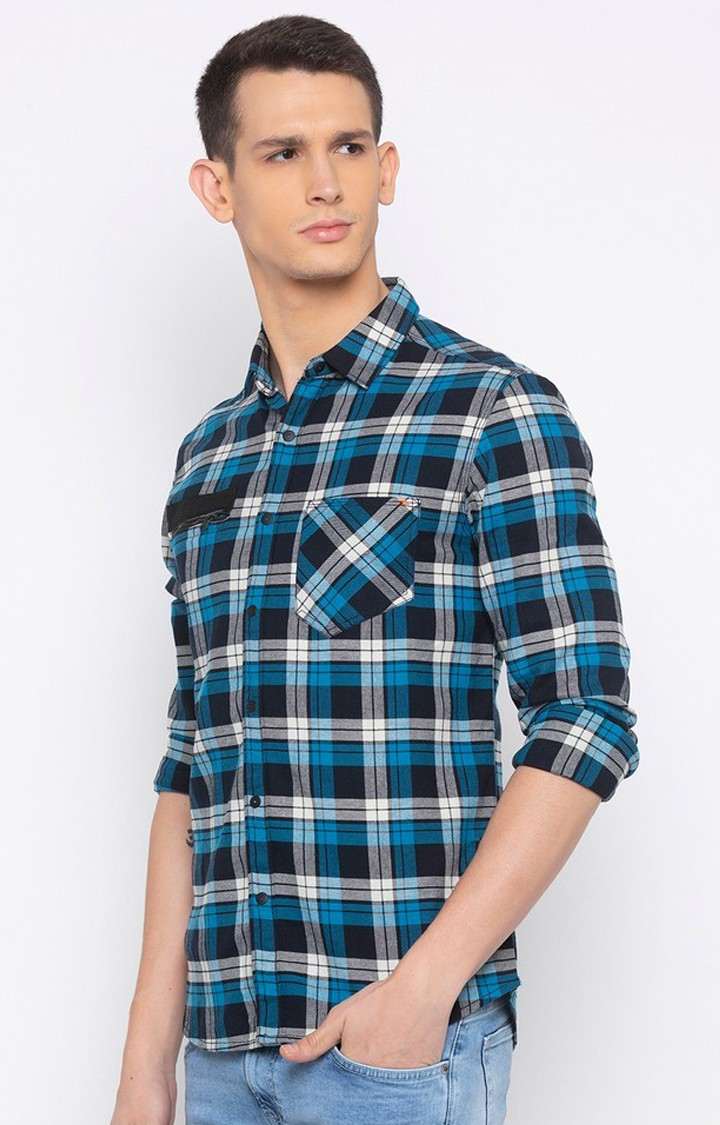 Men's Blue Cotton Checked Casual Shirts