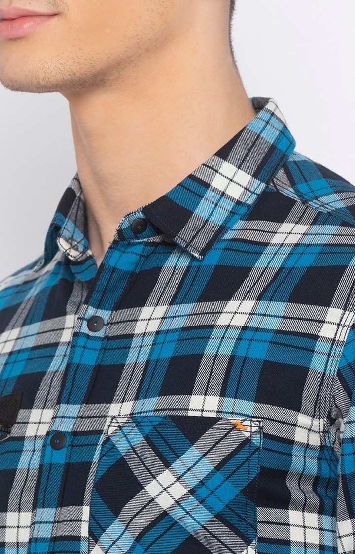 Men's Blue Cotton Checked Casual Shirts
