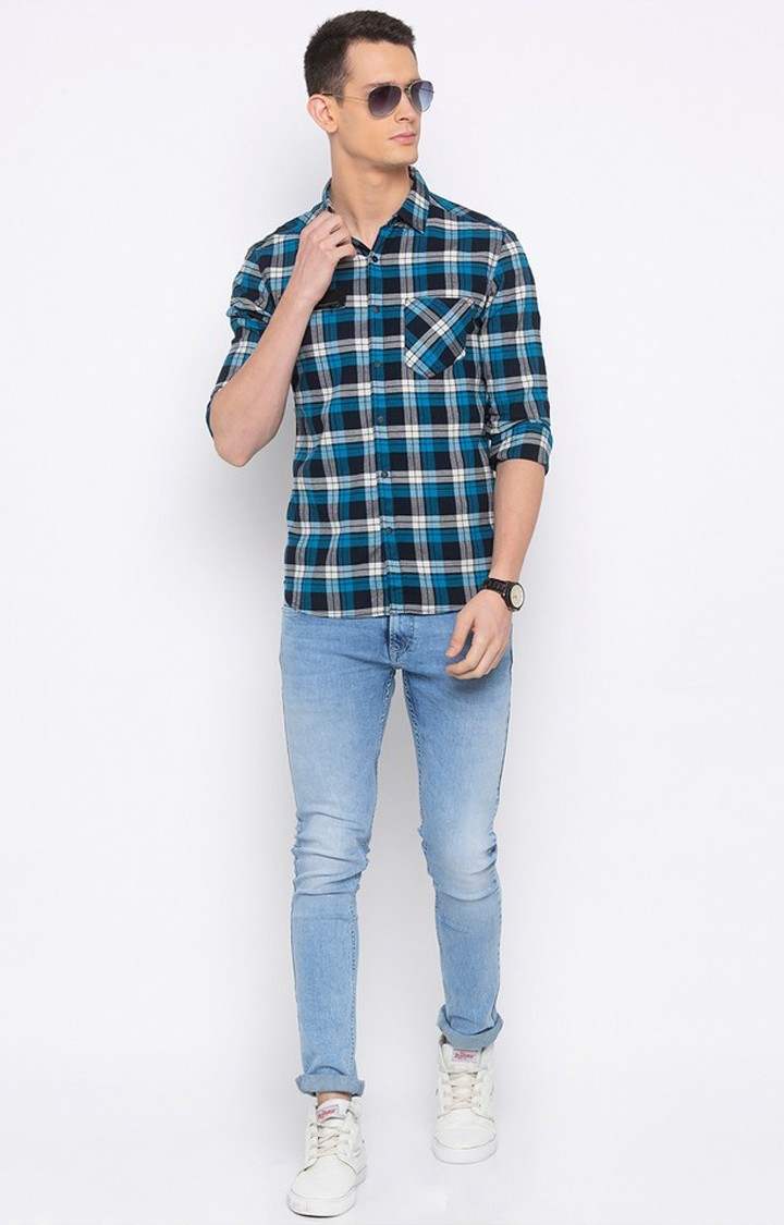 Men's Blue Cotton Checked Casual Shirts