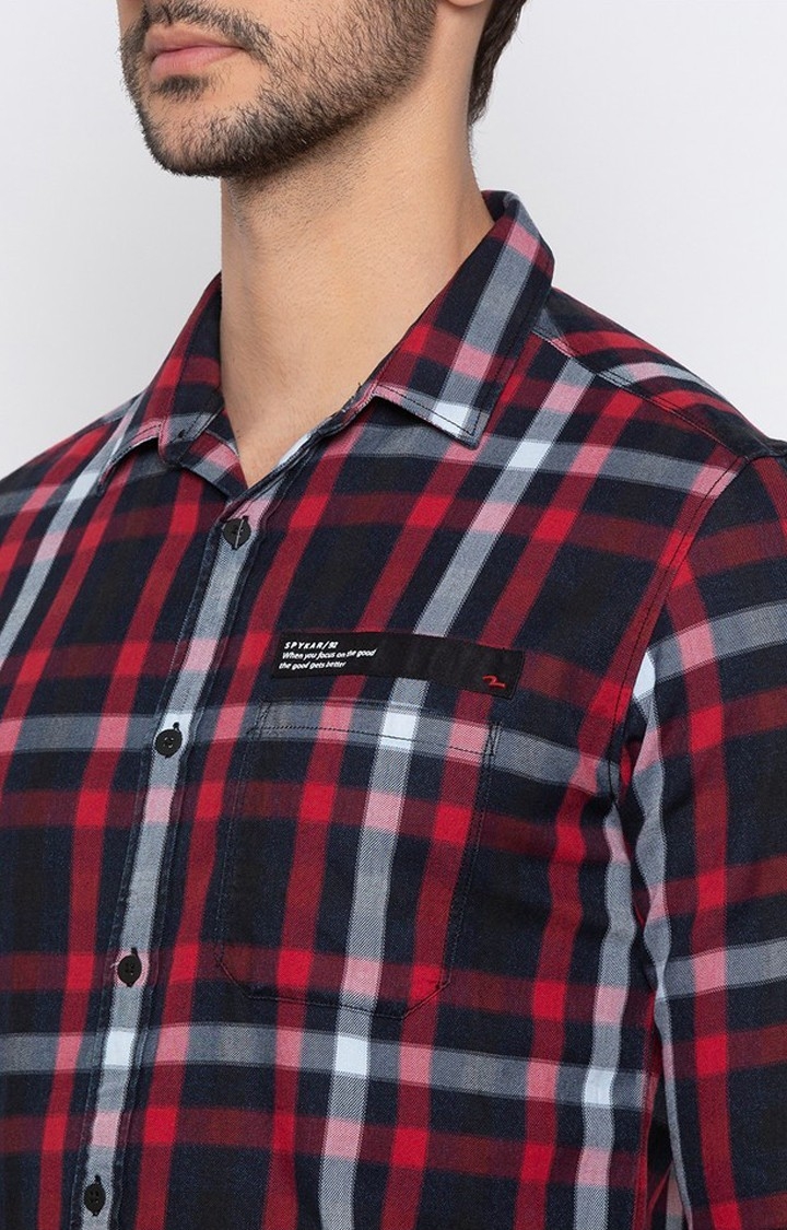 spykar | Men's Red Cotton Checked Casual Shirts 4