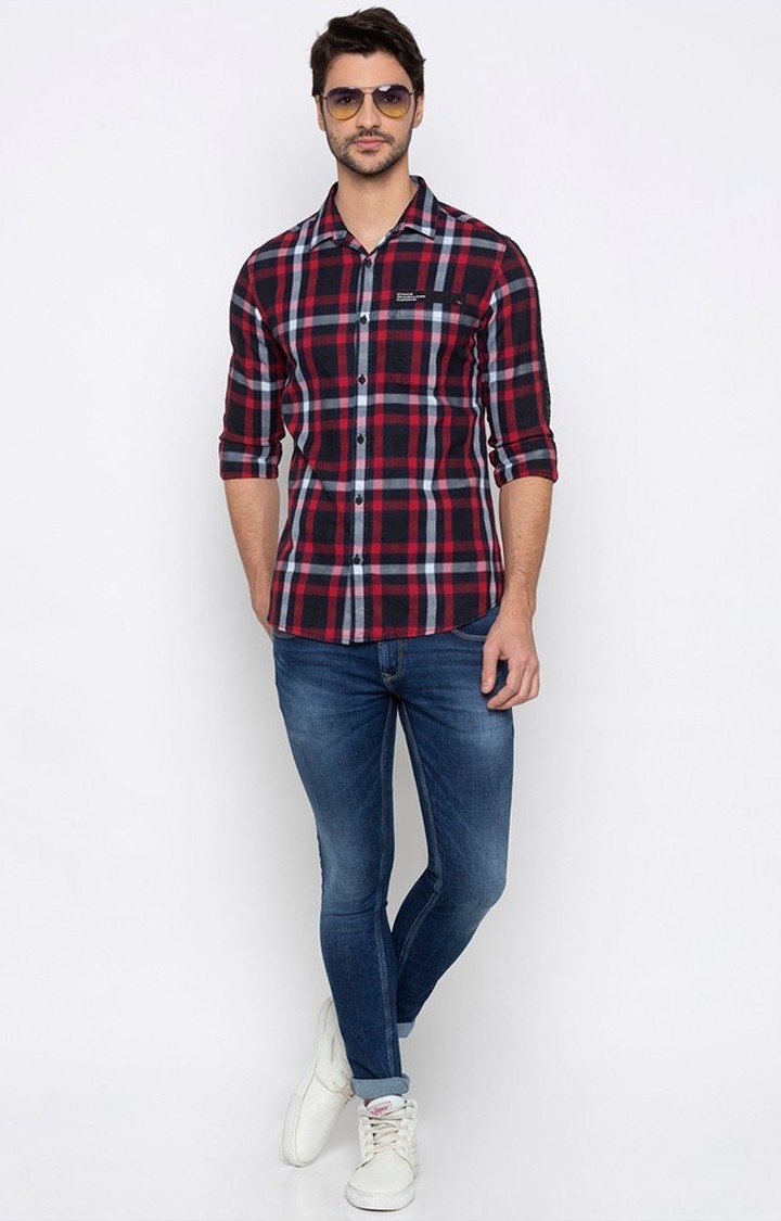 spykar | Men's Red Cotton Checked Casual Shirts 1