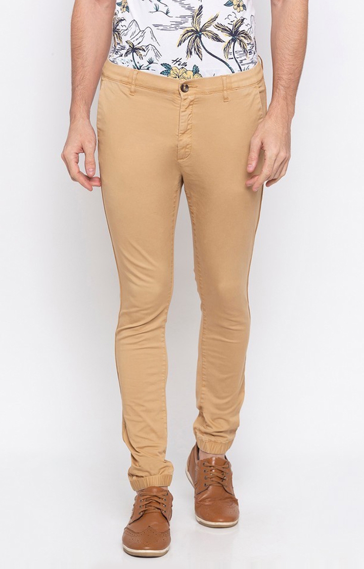 spykar | Men's Yellow Cotton Solid Trousers 0