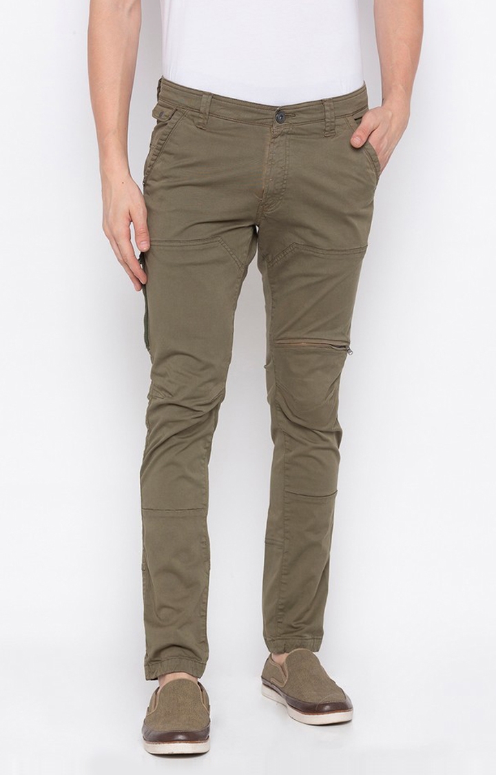 spykar | Men's Green Cotton Solid Trousers 0