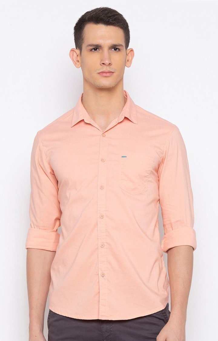 Men's Orange Cotton Solid Casual Shirts