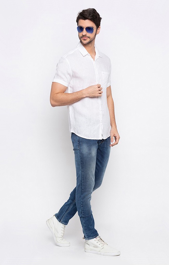 Men's White Linen Solid Casual Shirts