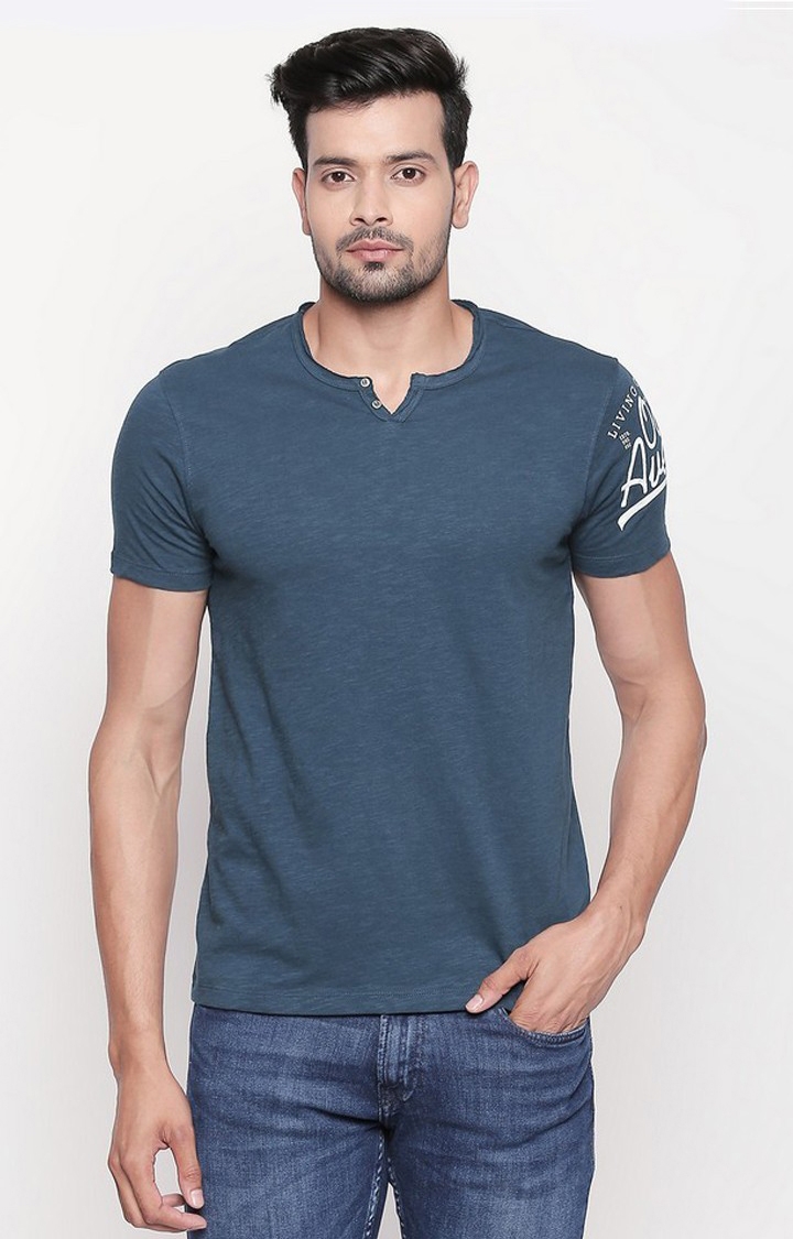 spykar | Spykar Blue Cotton Slim Fit T-Shirt For Men 0