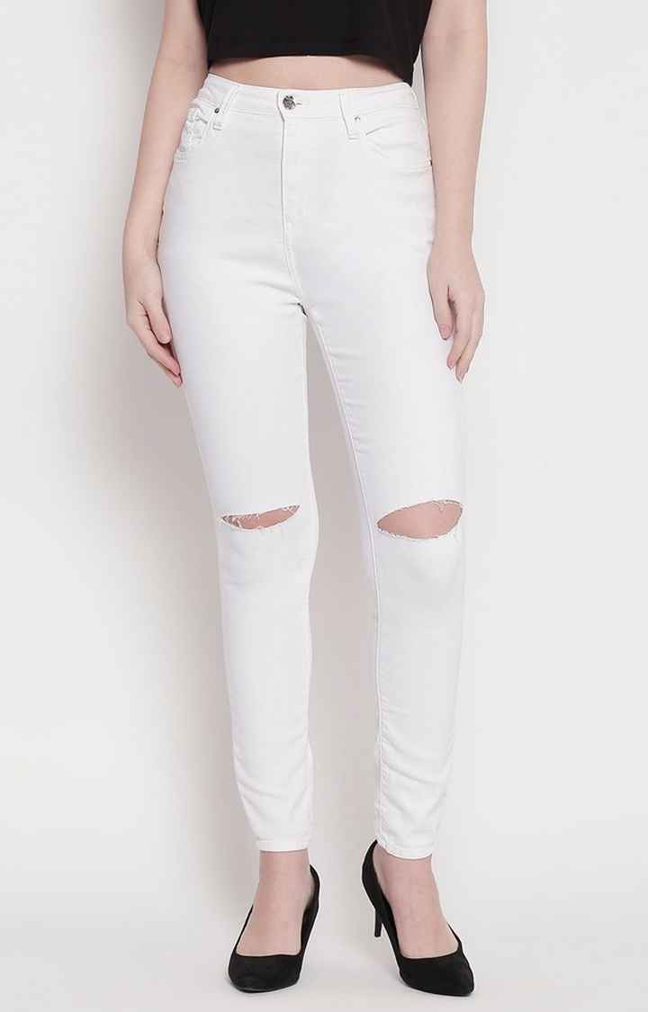 spykar | Women's White Cotton Ripped Ripped Jeans 0