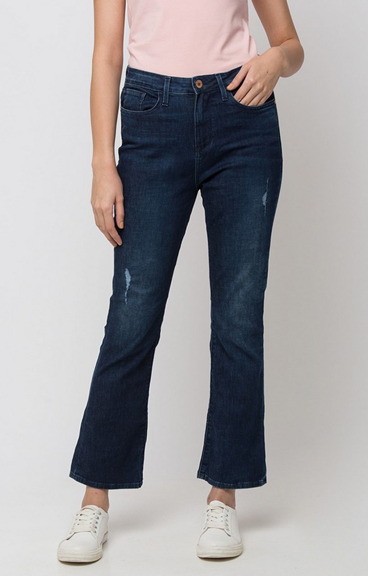 spykar | Women's Blue Cotton Solid Flared Jeans 0