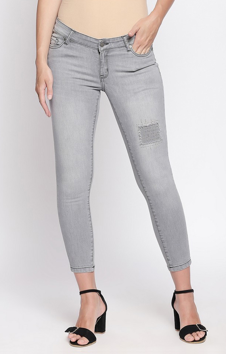 spykar | Women's Grey Cotton Ripped Cropped Jeans 0