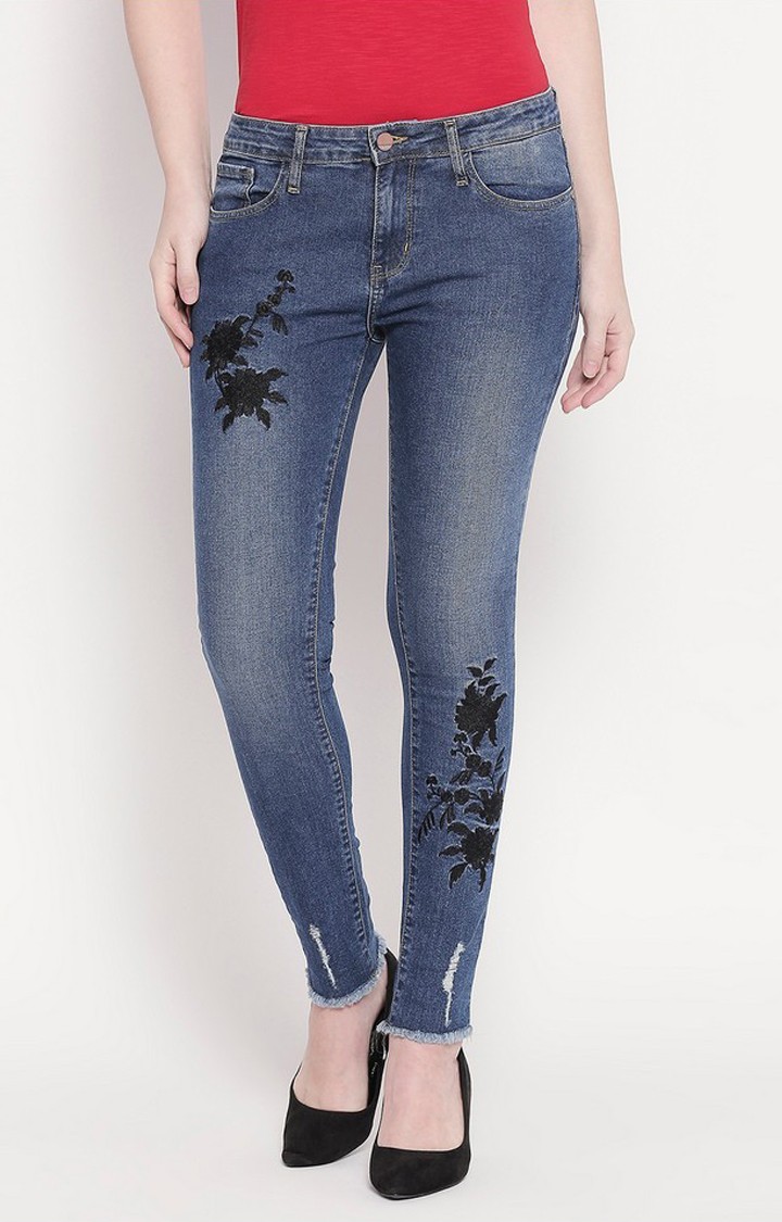 Women's Blue Cotton Solid Skinny Jeans