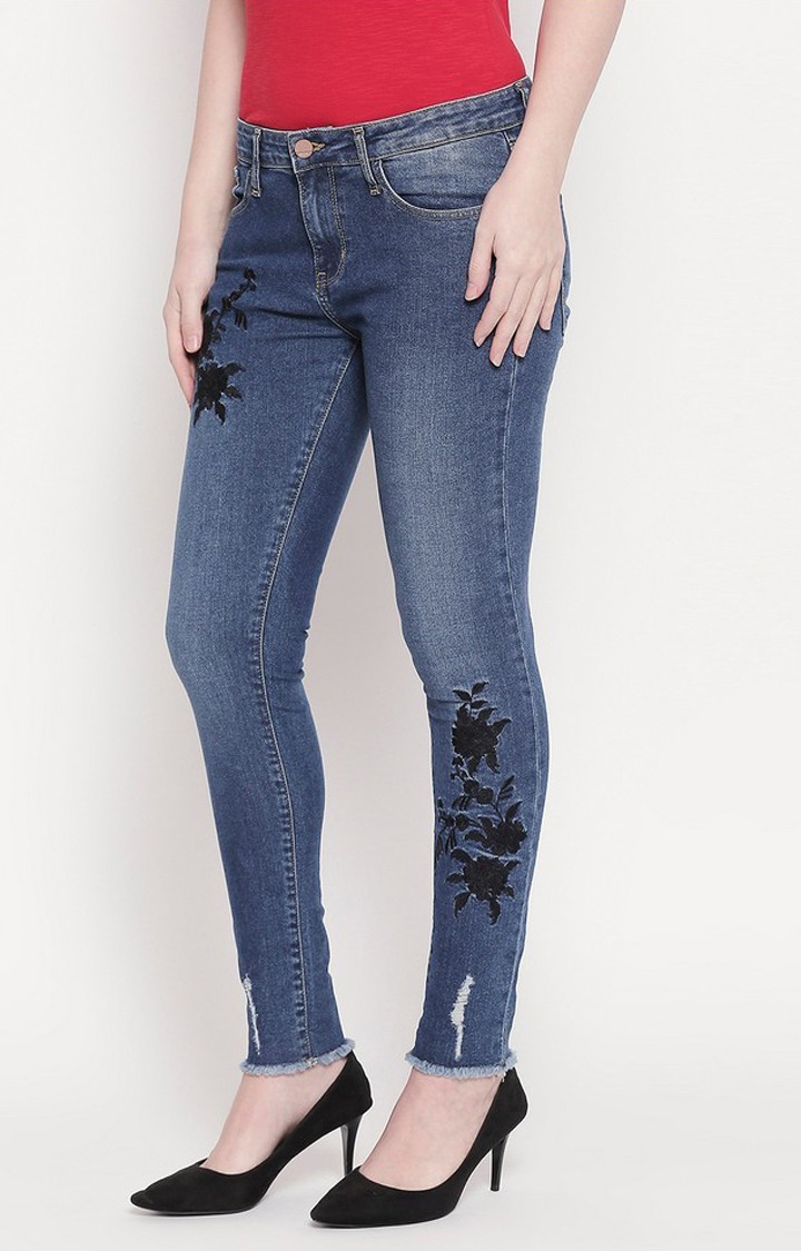 Women's Blue Cotton Solid Skinny Jeans