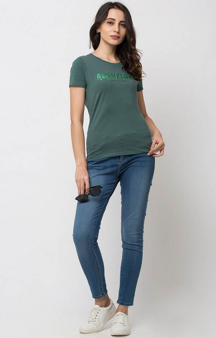 Spykar Green Cotton Regular Fit T-Shirt For Women