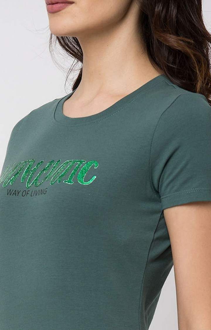 Spykar Green Cotton Regular Fit T-Shirt For Women