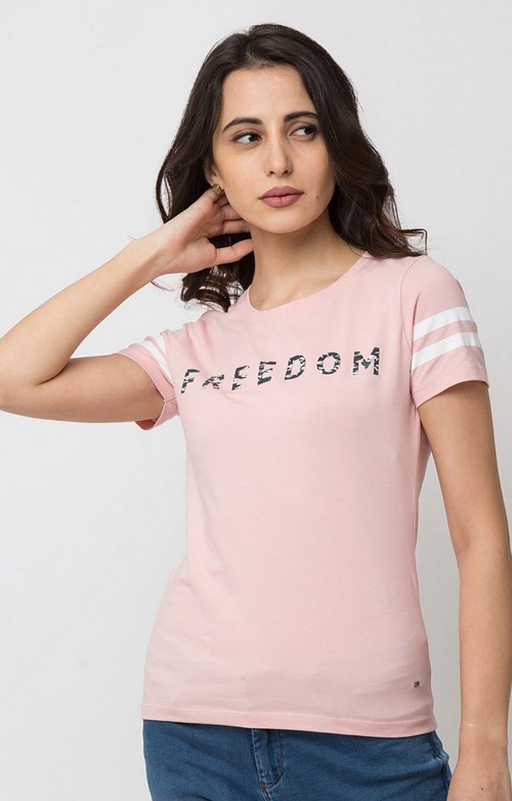 spykar | Spykar Pink Lycra Regular Fit T-Shirt For Women 0