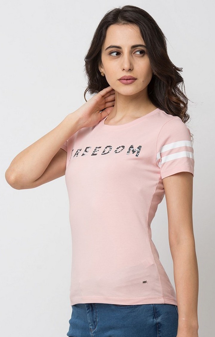 spykar | Spykar Pink Lycra Regular Fit T-Shirt For Women 2