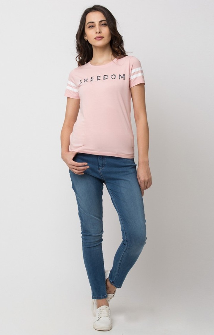 spykar | Spykar Pink Lycra Regular Fit T-Shirt For Women 1